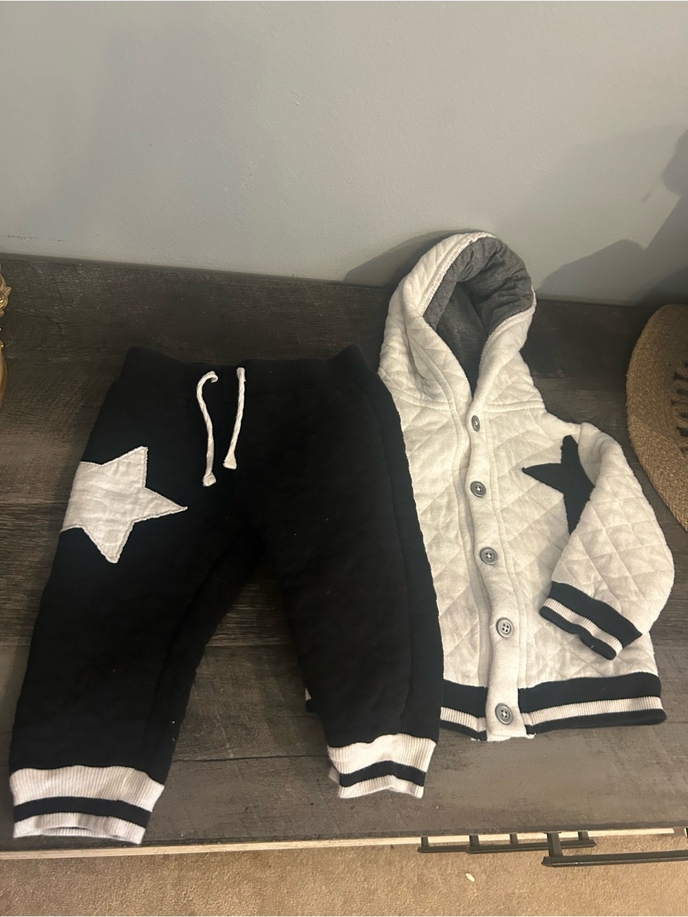 Star Patch Quilted Two Piece Set Black White Hooded Jacket Joggers Toddler